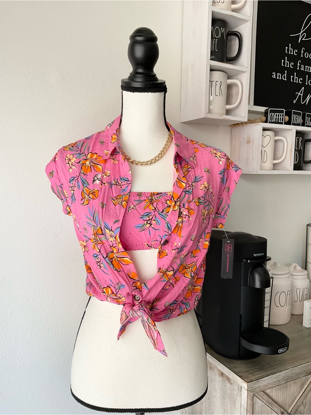 No Boundaries Pink Floral Tie-Front Crop Top with Matching Bralette
